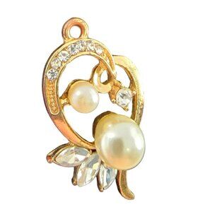 Vintage Gold Tone Faux Pearl Rhinestones Heart Pendant Jewelry Fashion Pretty